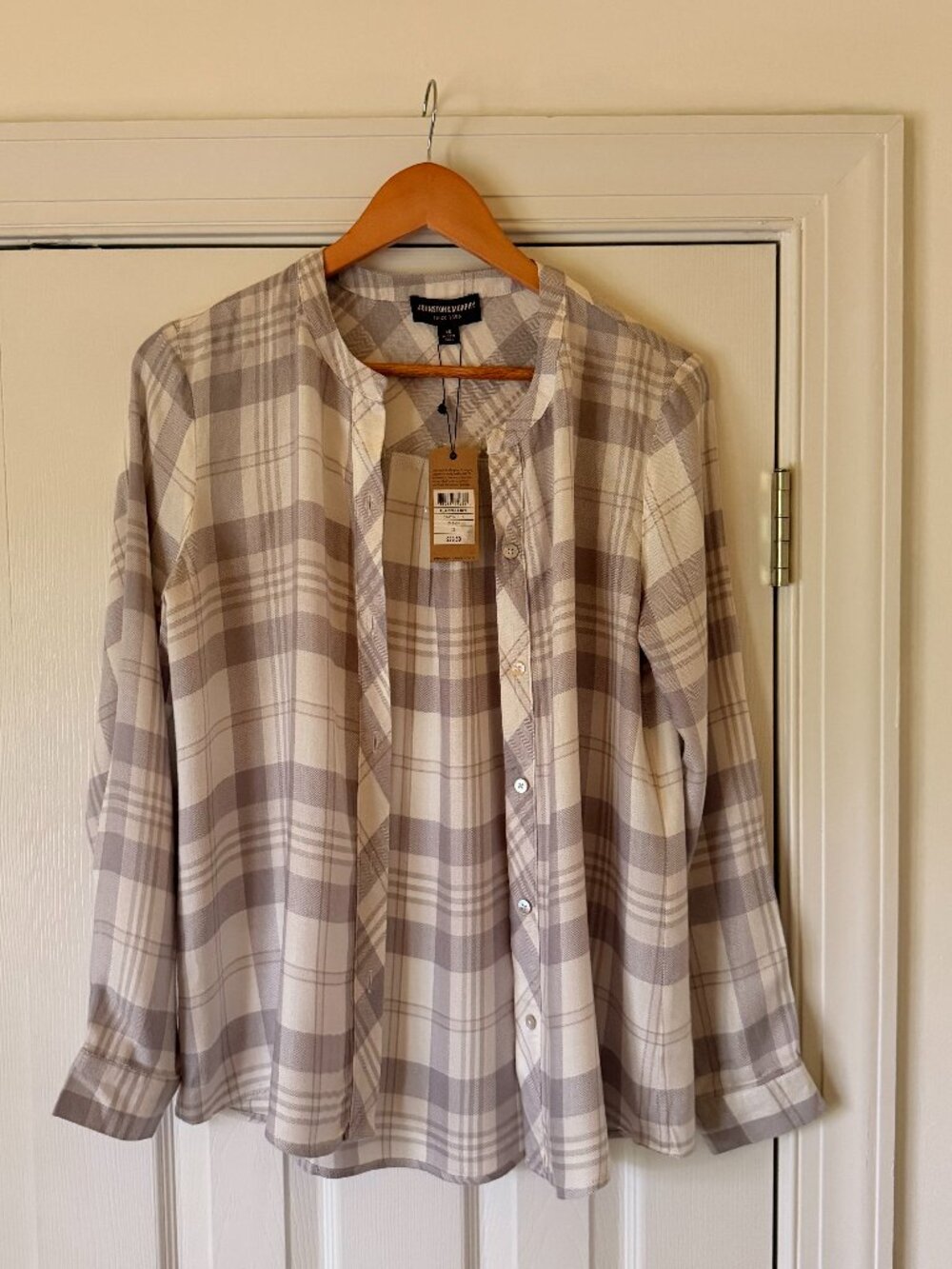 Johnston & Murphy Gray Plaid Rayon Pullover Blouse XS NWT